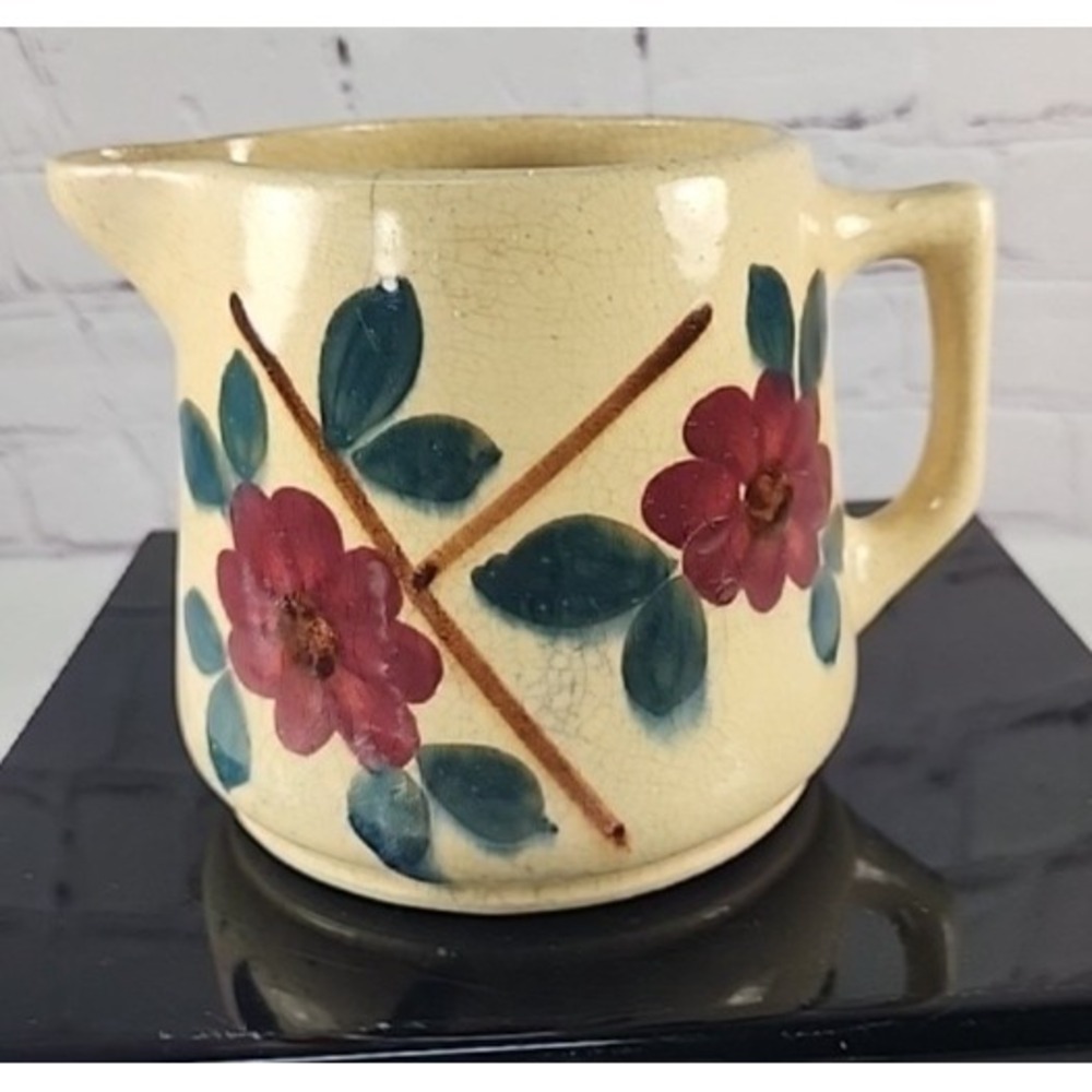 Vintage Yellow Ware Pottery Pitcher with Flowers Farmhouse Rustic Chic